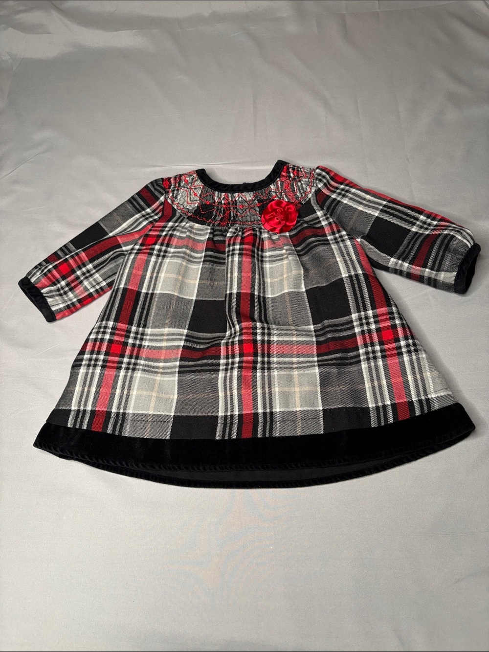 Hanna Andersson Red Black Gray Plaid Long-Sleeve Dress with Rosette Size 70 18 m